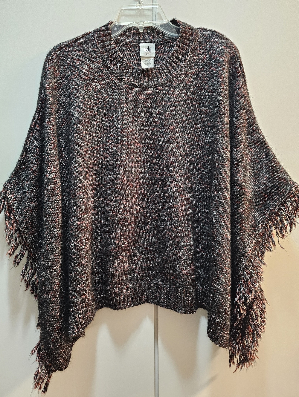 CABI Heathered Black & Wine Fringe Knit Poncho M/L